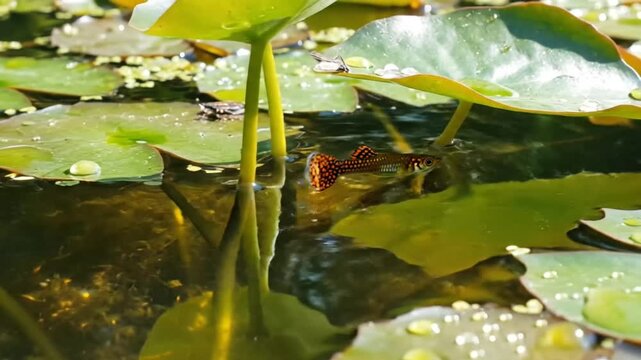 Small, Colorful Guppy Fish Swimming among Lily Pads in Tranquil Water with Sunlight Glare