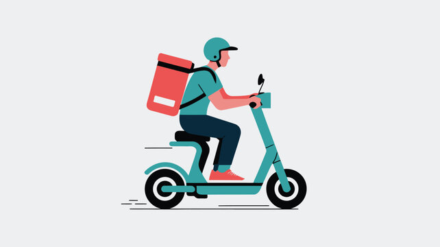 Delivery driver on a blue electric scooter with a large red thermal box on their back is moving rapidly to provide fast food services across the urban landscape for customers wanting quick.
