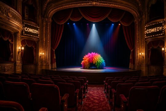 An empty comedy theater with velvet seats and a single oversized wig on stage.