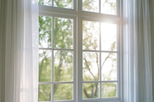 Bright sunlight streams through a white-paned window with sheer curtains