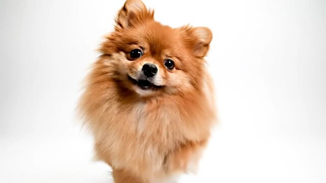 Happy Pomeranian dog panting with tongue out looking at camera on a white background, studio shot