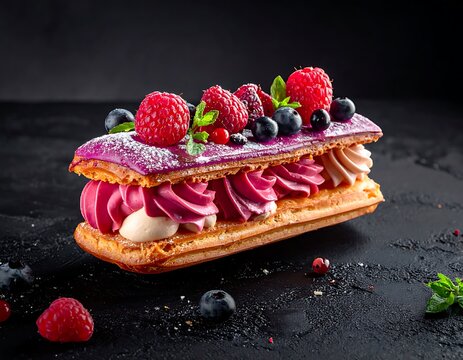 A rectangular eclair topped with berries and powdered sugar