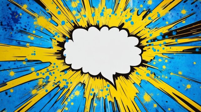 Vibrant comic book speech bubble with explosive yellow starburst effect on blue background.