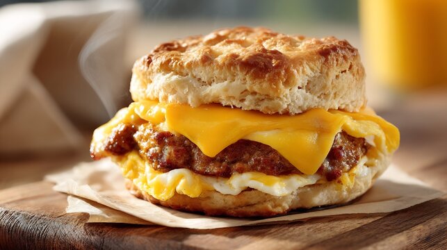 Hearty breakfast biscuit sandwich with sausage egg and melted cheddar cheese