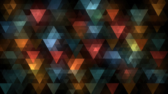 Abstract triangle pattern dark geometric background multicolor polygon mosaic glowing low light texture seamless digital wallpaper colorful faceted shape modern design backdrop dark black