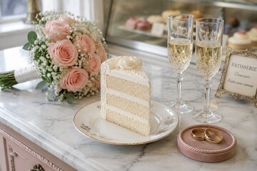 Naklejka premium flute. Wedding cake slice with bridal bouquet of pink roses, gold rings and champagne flutes, celebration details. symbolizing life milestones and joyful moments.