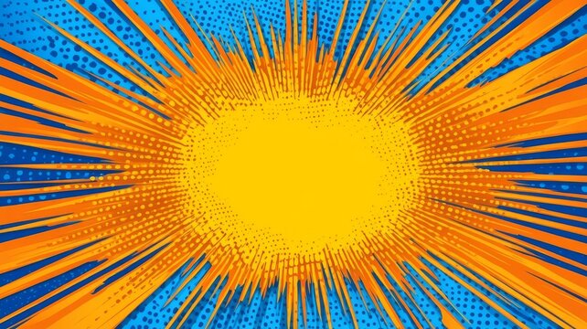 Vibrant comic book explosion background with radial lines and halftone dot pattern for retro pop art graphic design projects.