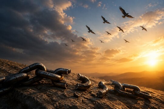 Broken metal chains on stone with birds flying freely, symbolic contrast under dramatic light.