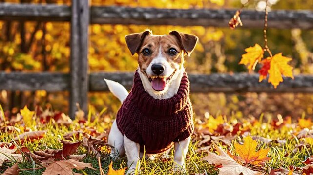 Happy Jack Russell terrier dog wearing sweater sitting on grass with colorful autumn leaves near wooden fence