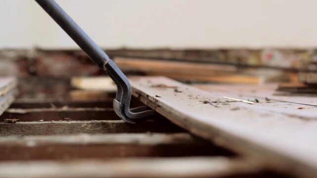 Home renovation demolition using a metal pry bar to remove wood flooring.