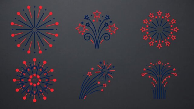 Red and blue animated firework icons flashing on dark background