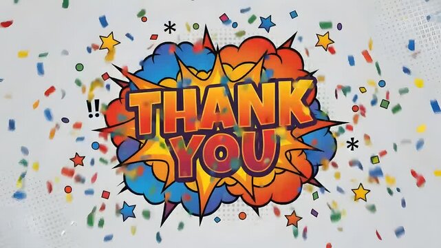 Colorful pop art comic burst thank you intro with falling confetti
