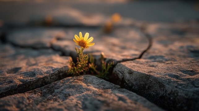 Yellow flower growing through cracked stone