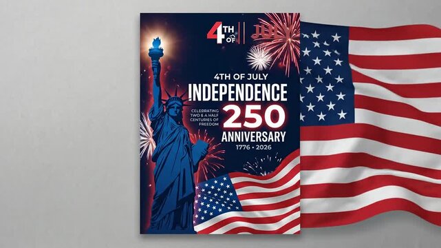 Animated 4th of July Independence Day 250th Anniversary graphic with waving American flag and Statue of Liberty.