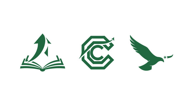 Green icons of book arrow C logo and eagle head.