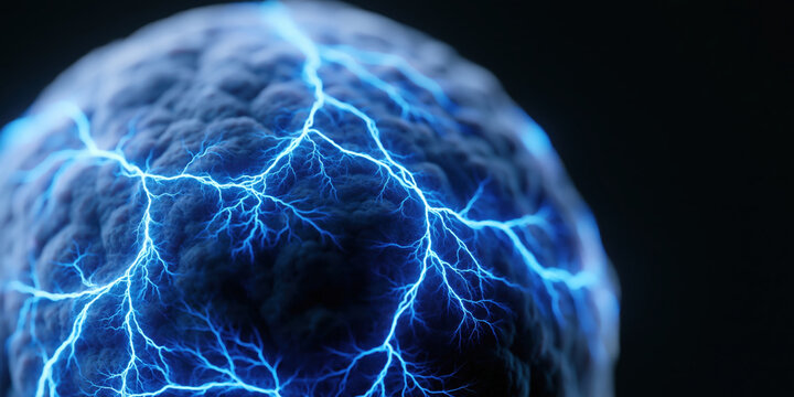 Electric brain sphere blue lightning glowing energy abstract neural network dark background science fiction digital art macro view spherical form