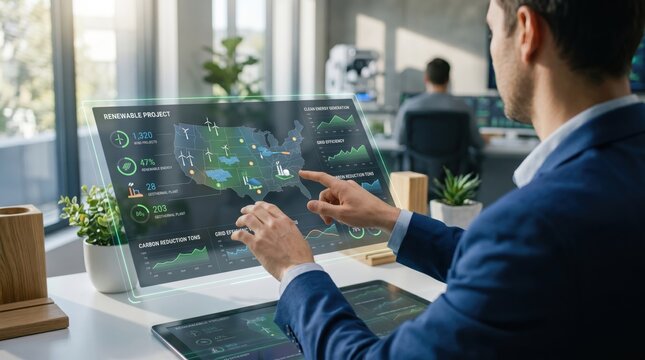 Executive analyzing renewable project statistics on holographic map interface