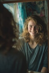 Fototapeta premium Teenager smiles at mirror with confidence in a cozy room during daytime while getting ready for the day ahead with bright light coming through the window