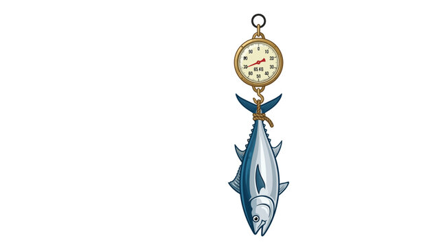 A detailed vector illustration showing a large tuna fish hanging from a vintage metal scale