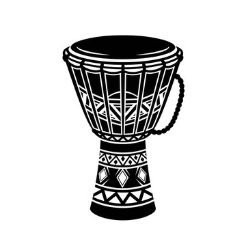 Detailed black and white djembe drum illustration with traditional geometric patterns and rope tuning.