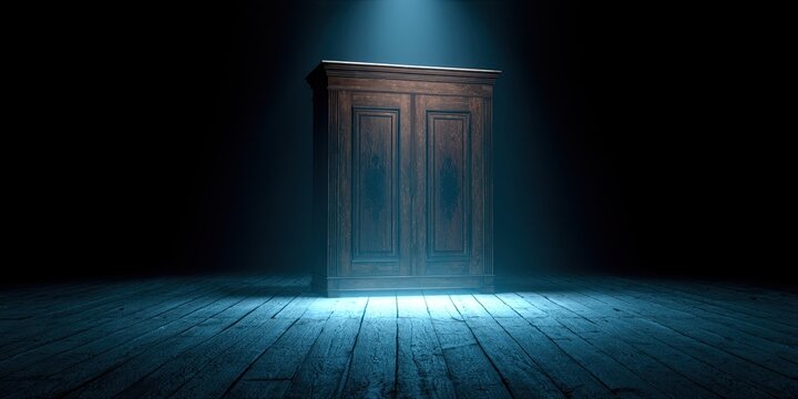Tall wooden wardrobe stands alone, illuminated by a single spotlight on a dark floor