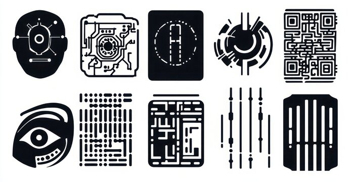 Twelve high-contrast tech icons: biometric head, circuit board chips, circular target, radar, QR code, stylized eye, data matrix panels, vertical sliders and barcode &mdash; futuristic and analytical