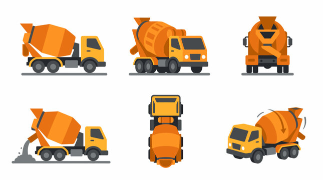 Multiple views of a yellow and orange concrete mixer truck, including side, front, back, top, and pouring concrete actions.