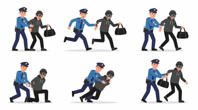 A set of six cartoon illustrations showing a police officer arresting a masked thief with a stolen bag, depicting chase, struggle, and handcuffing.