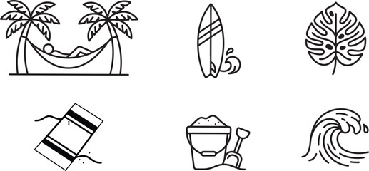 Tropical summer icon set featuring hammock between palm trees surf board monster plant leaf picnic towel sand bucket with shovel and ocean waves for island vacation design. © MTRASHIDA