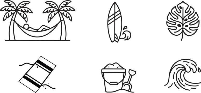 Tropical summer icon set featuring hammock between palm trees surf board monster plant leaf picnic towel sand bucket with shovel and ocean waves for island vacation design.