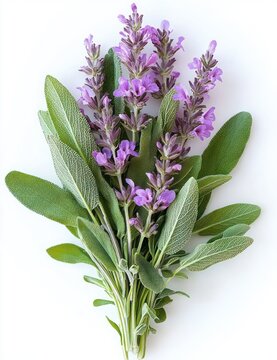 Fresh sage herb bouquet with textured green leaves and delicate purple flower spikes on a clean white background conveying calm natural freshness