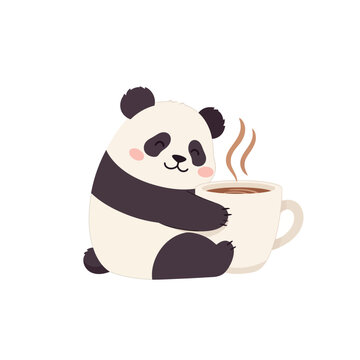 Cute panda hugging a steaming cup of coffee