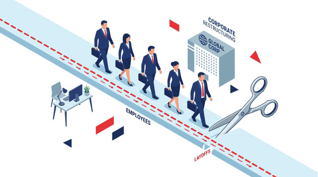 Isometric vector illustration showing business employees walking toward large scissors representing corporate restructuring and staff layoffs