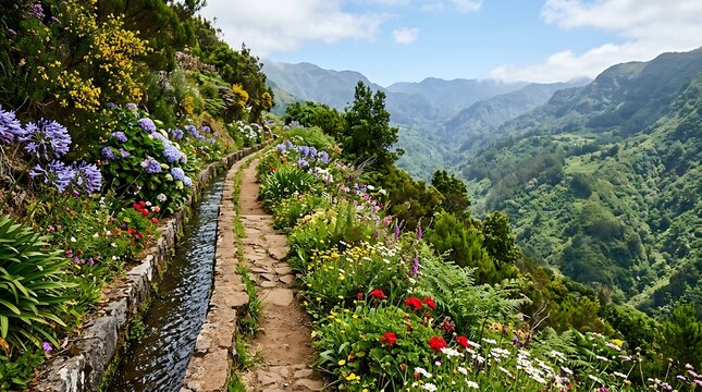 Narrow stone path and water canal through lush mountain flowers