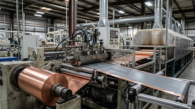 Battery electrode slurry coating machine in battery manufacturing plant electrode film being coated onto copper foil roll-to-roll coating production line