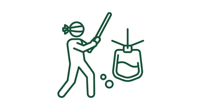 Person swinging baseball bat at hanging object icon.