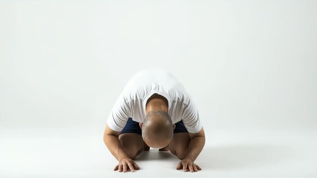 白Tシャツ姿で床に膝をつき土下座して反省する男性の動画