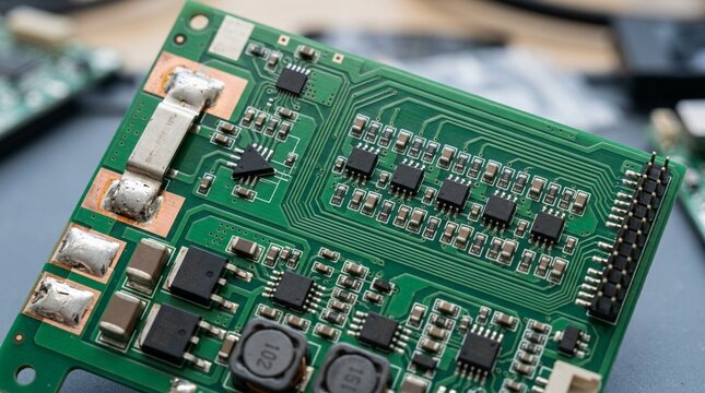 Battery management system BMS PCB board close macro showing cell voltage monitoring ICs current sensor shunt contactor drivers all visible components