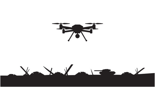 Military drone flying over battlefield silhouette at night