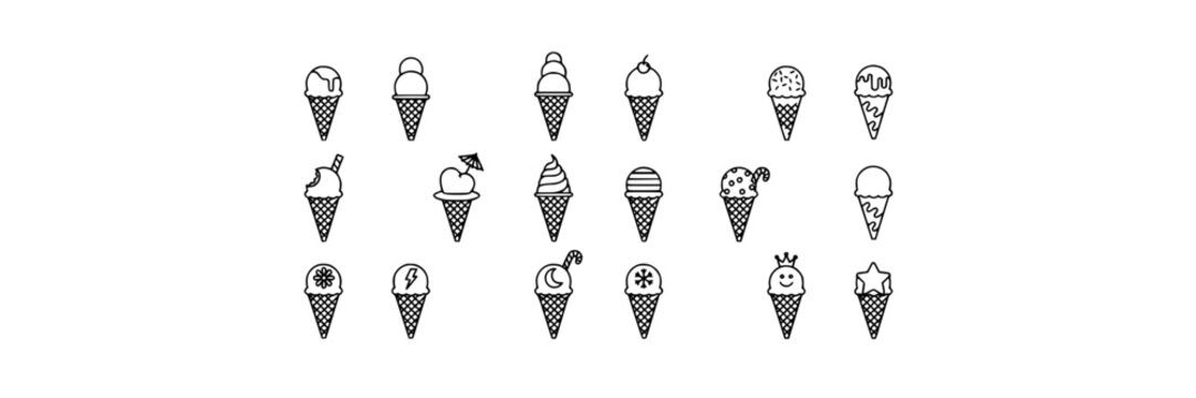Ice Cream Cone Icons in Monochrome Line Style, Assorted Scoops and Cones Pattern for Dessert Design Concept