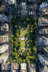 Fototapeta premium Drone shot shows a city park with green space and surrounding buildings during daytime showcasing outdoor activity and nature within an urban area in a busy city landscape