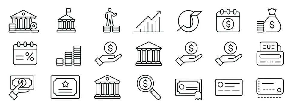 Treasury Securities Icon Set, Government Bonds Investment Yield Curve Maturity Date Annual Return Interest Rate Finance Symbols, Editable Stroke Vector Illustration For Websites, Mobile Applications.