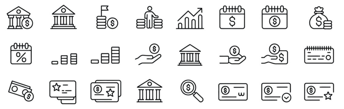 Treasury Securities Icon Set, Government Bonds Investment Yield Curve Maturity Date Annual Return Interest Rate Finance Symbols, Editable Stroke Vector Illustration For Websites, Mobile Applications.