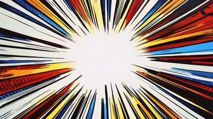 Fototapeta premium Dynamic comic book action background with radiant colorful speed lines and explosive starburst illustration for graphic design.