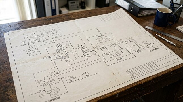Hydrogen production process flow diagram P and ID document rolled open on desk showing vessel piping instrumentation layout