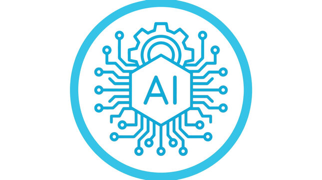 A bright blue circular logo featuring a digital gear icon and circuit board ai text