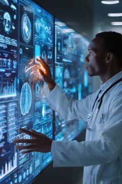 Male doctor reviews digital health records for patient information in a modern healthcare setting at a medical facility