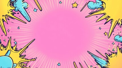 Obraz premium Vibrant comic book style background featuring abstract burst shapes and star accents for dynamic graphic design projects.