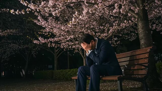 夜の桜の木の下のベンチで顔を覆い深刻な表情で悩み苦しむサラリーマン