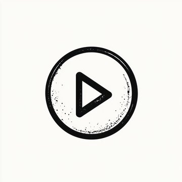 grunge play button icon with triangular play symbol inside a distressed circular border and speckled texture on white background, minimal and bold